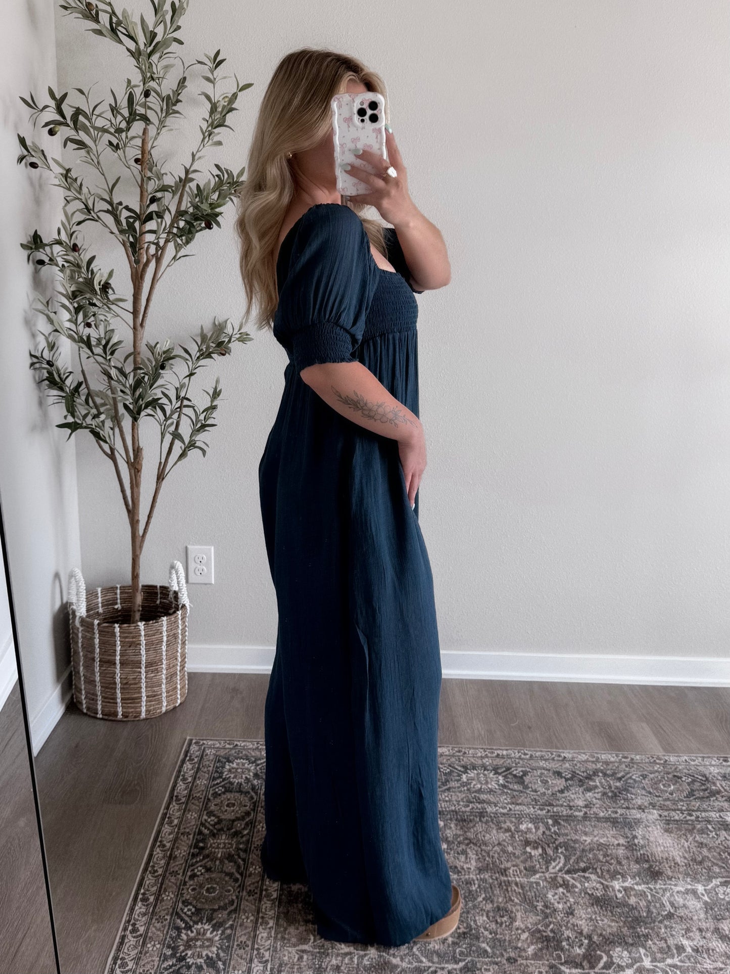 Navy Babydoll Wide Leg Jumpsuit