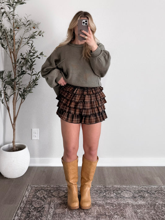 Brownstone Plaid Ruffle Short (PREORDER: EST SHIP 11.21)
