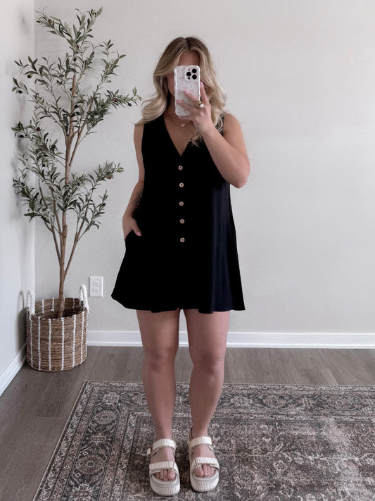 On Time Linen Relaxed Romper / Black