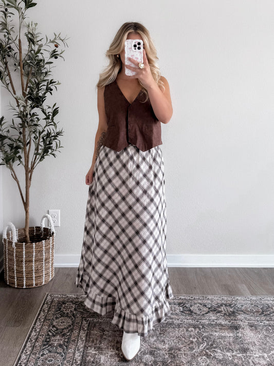 Bonnie Plaid Ruffle Midi Skirt