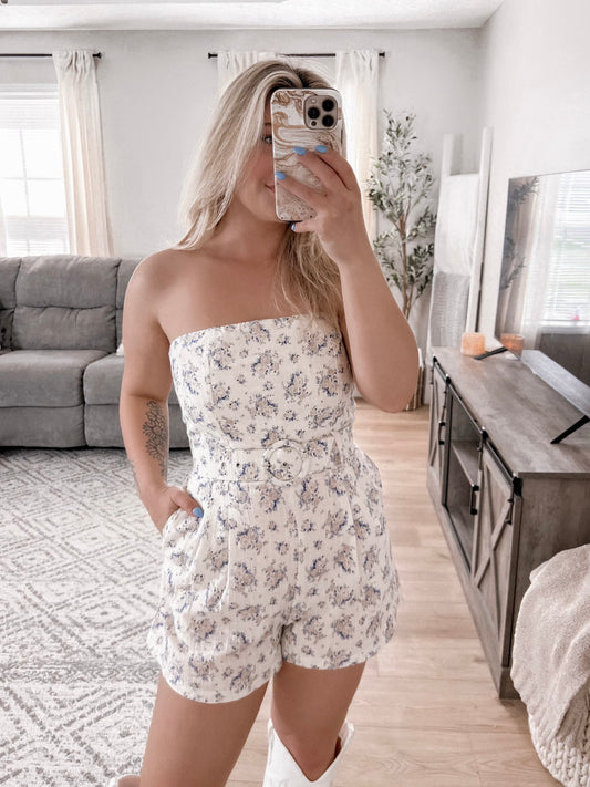 Faye Floral Strapless Belted Romper Final Sale