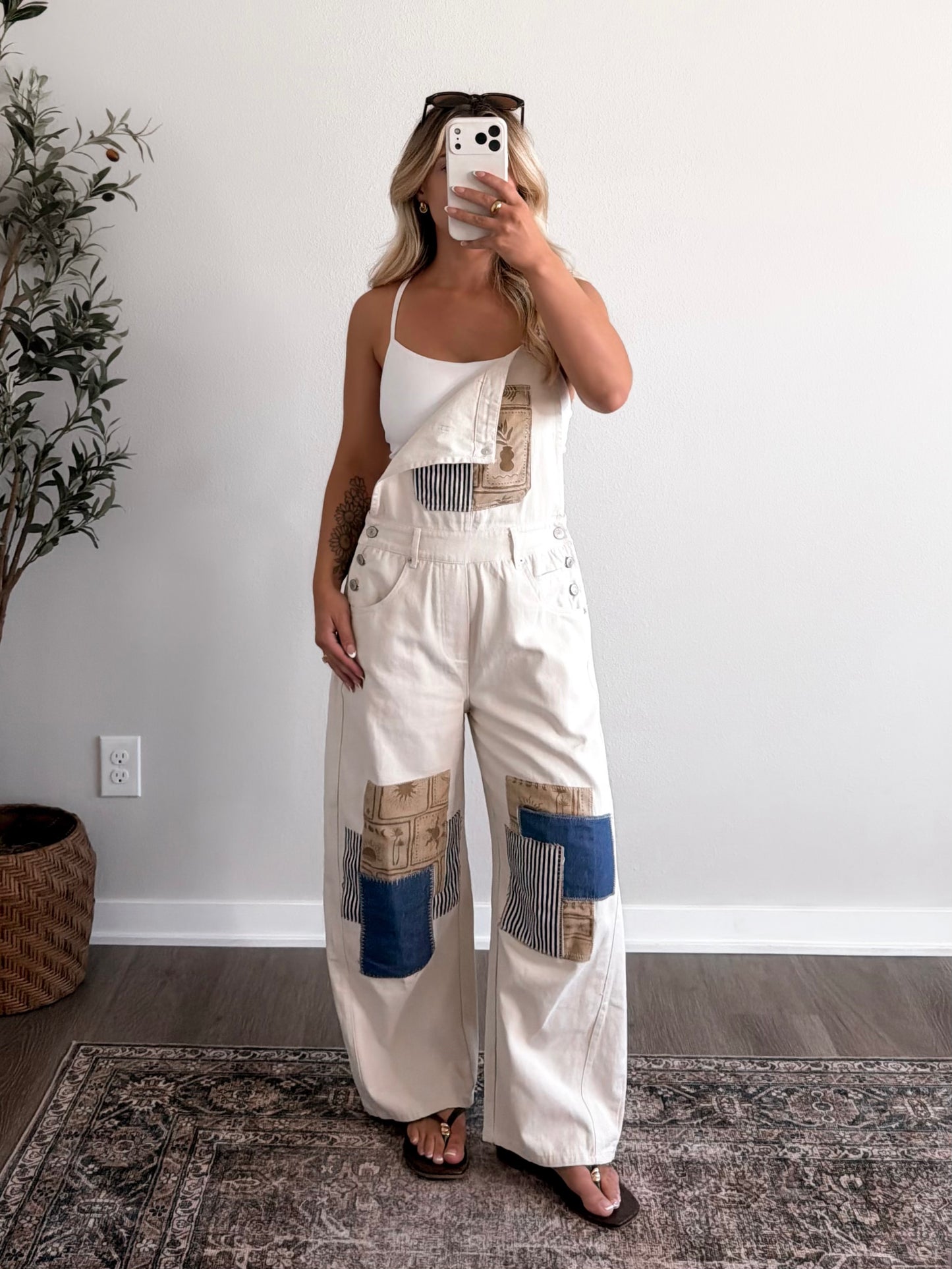 Roam Free Patchwork Barrel Overalls