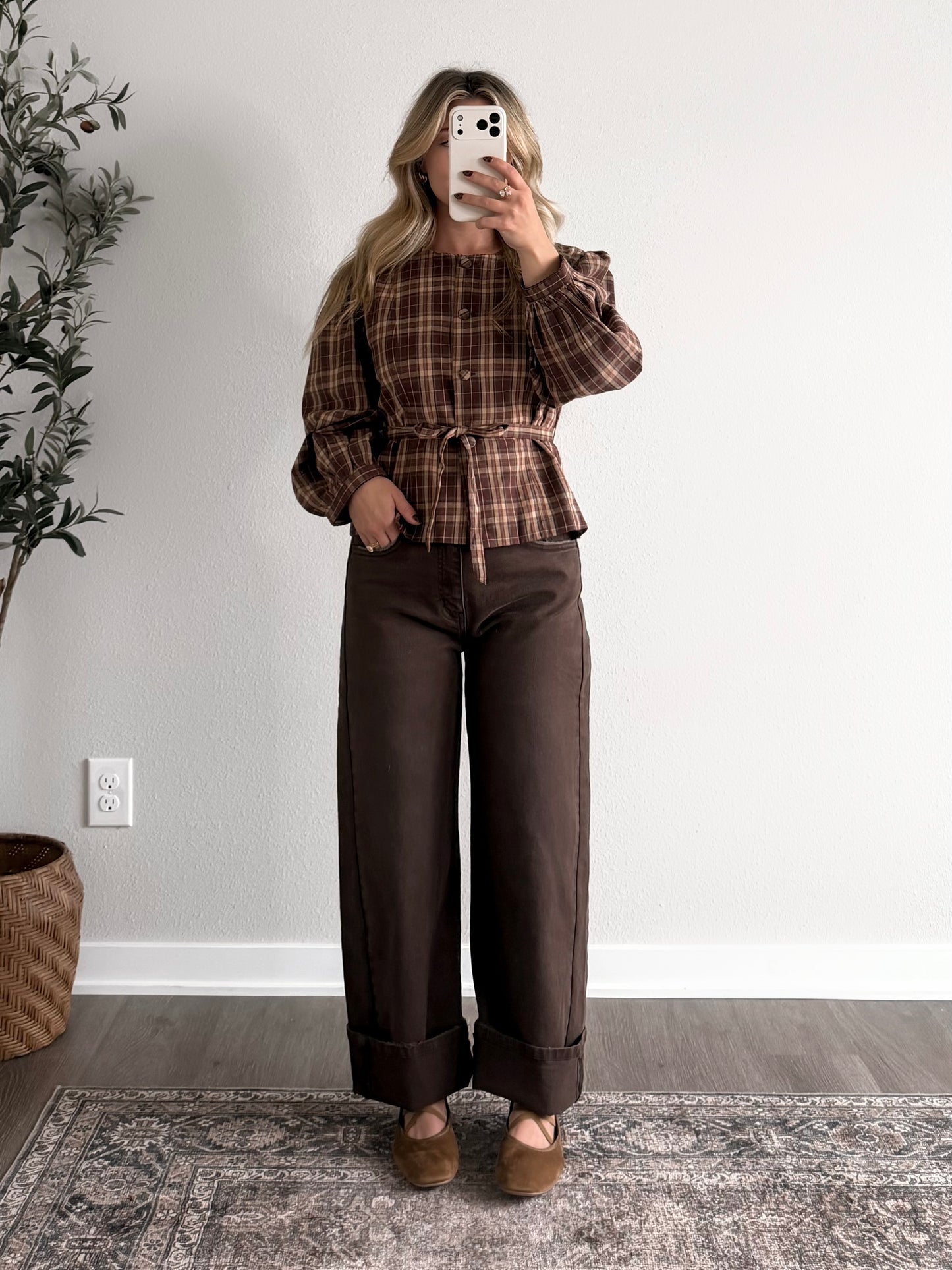 On Main Plaid Tie Waist Top