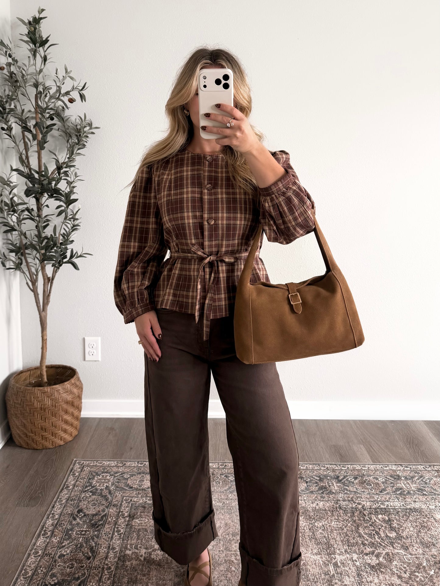 On Main Plaid Tie Waist Top