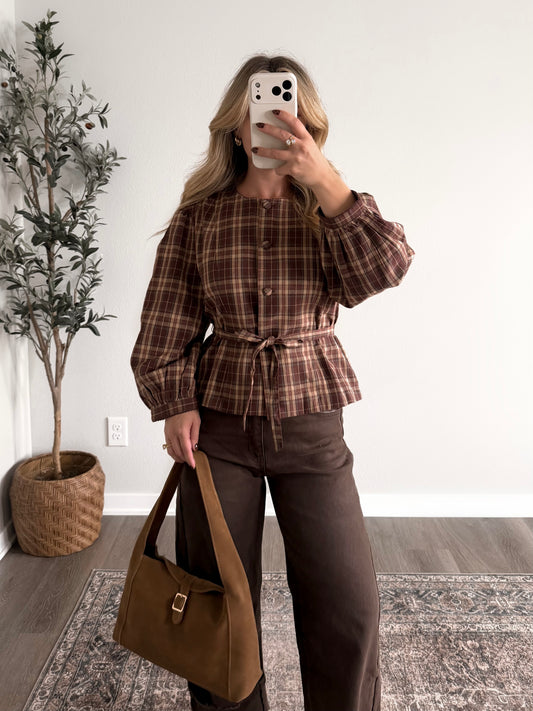 On Main Plaid Tie Waist Top