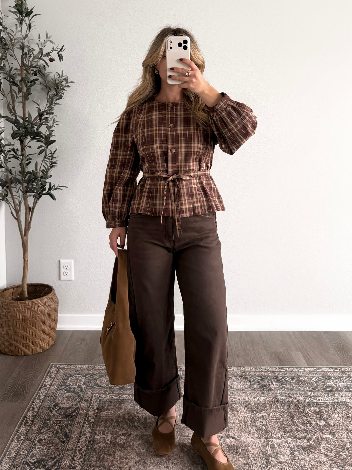 On Main Plaid Tie Waist Top