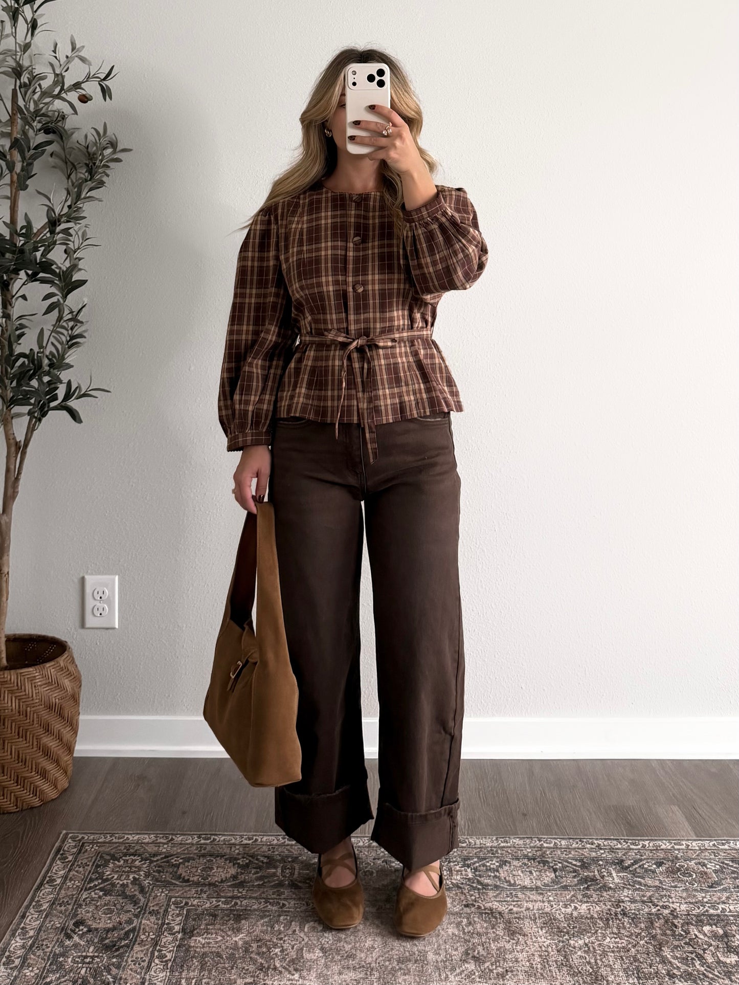 On Main Plaid Tie Waist Top