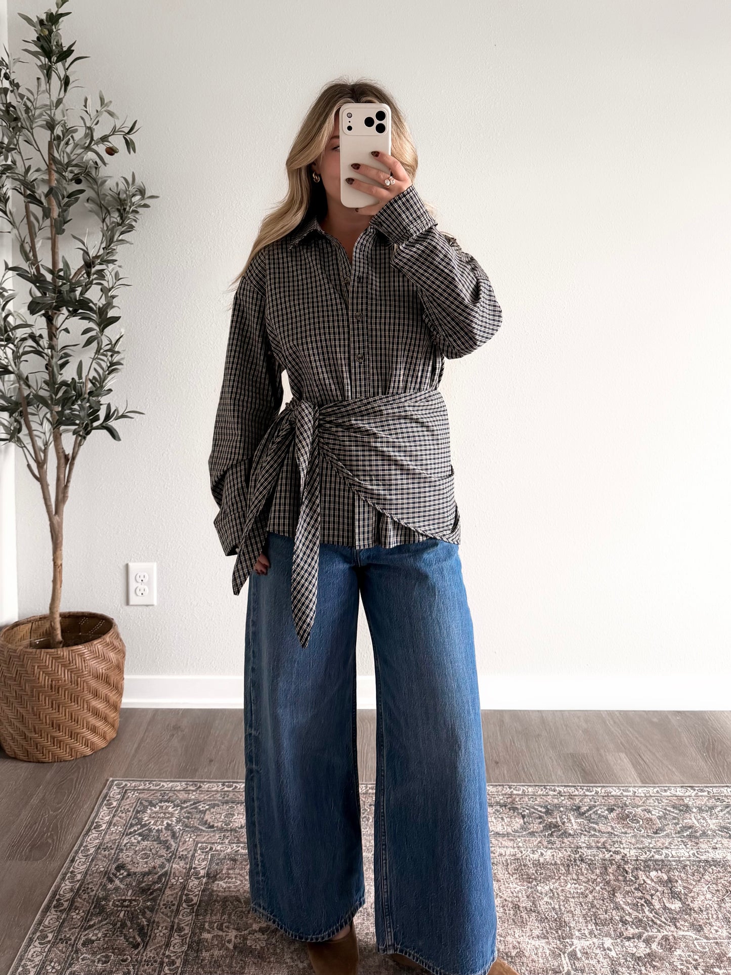 Oxford Grid Scarf Wrap Top / Navy