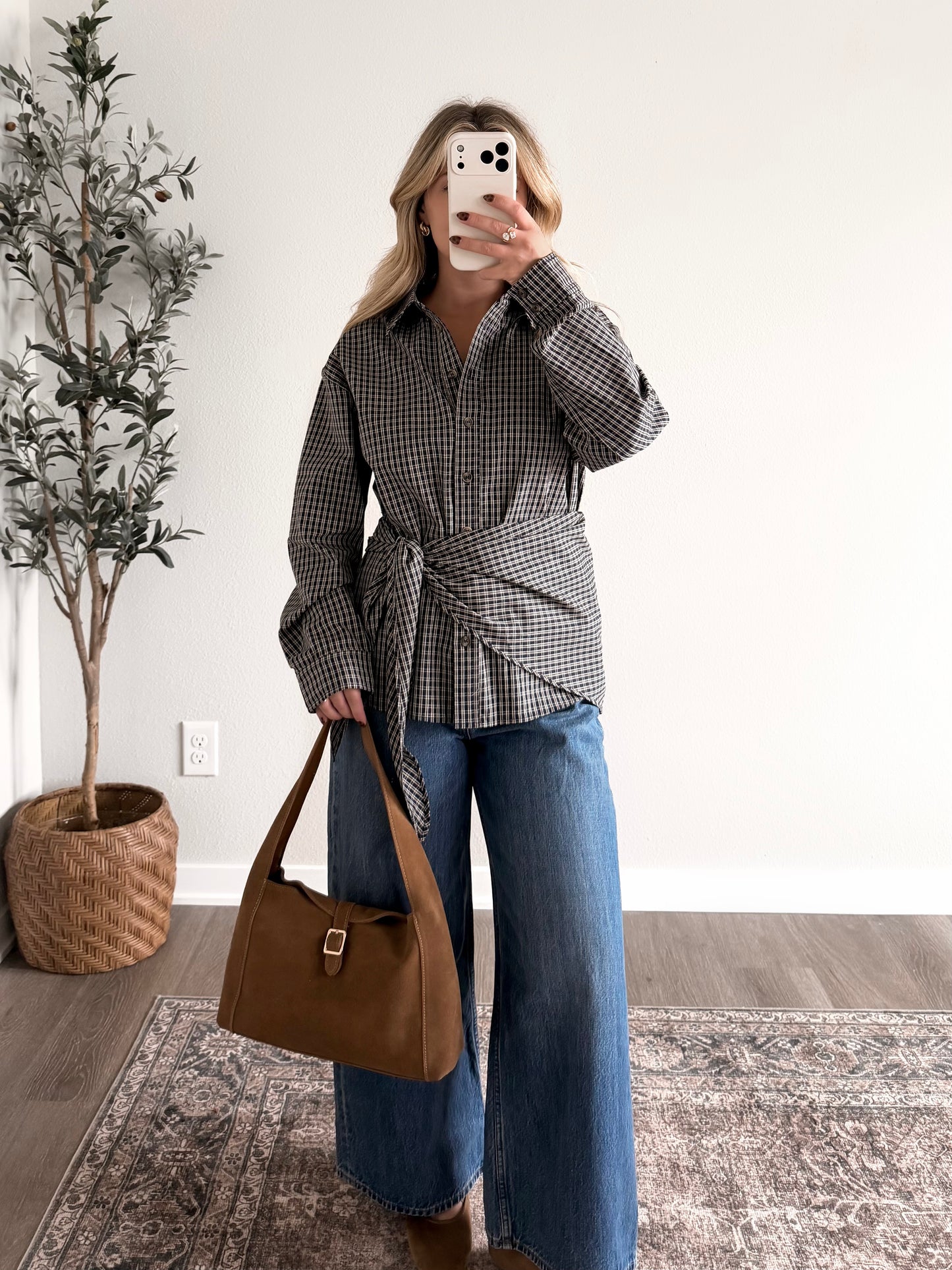 Oxford Grid Scarf Wrap Top / Navy