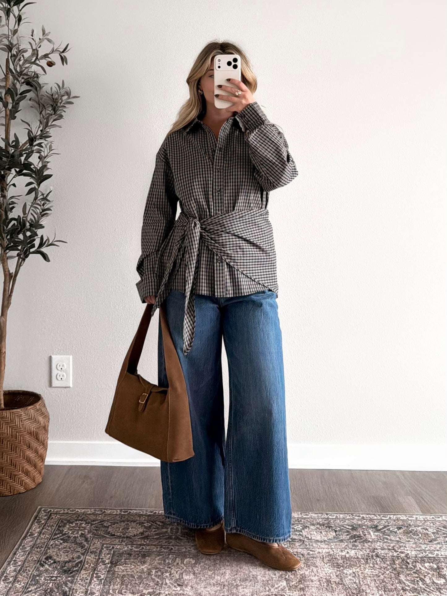 Oxford Grid Scarf Wrap Top / Navy