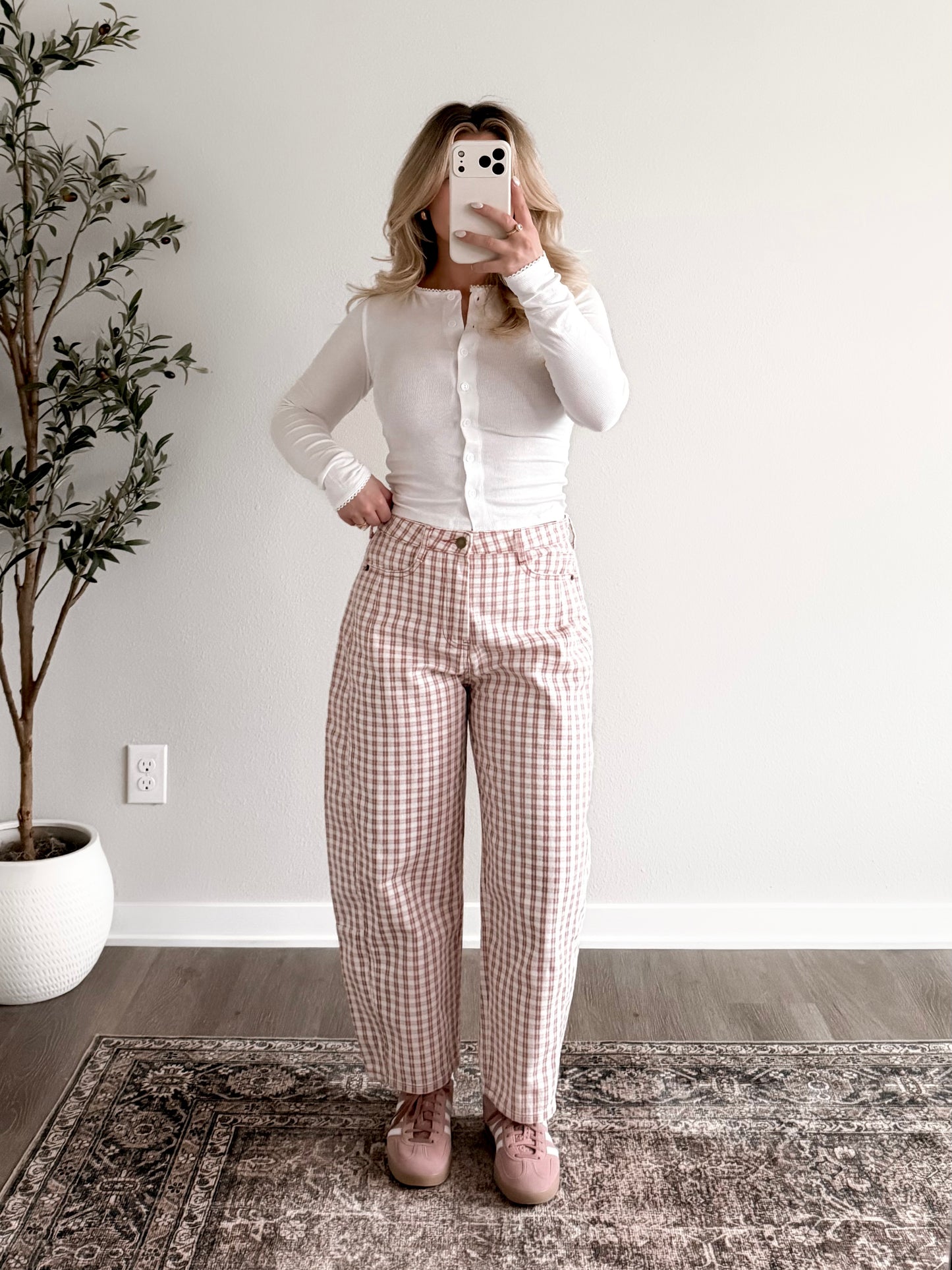 Gridlock Check Print Barrel Pant / Pink