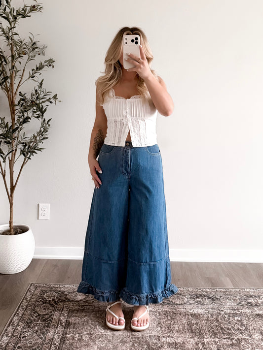 Ruthie Ruffle Wide Leg Crop Pant (Short Friendly)
