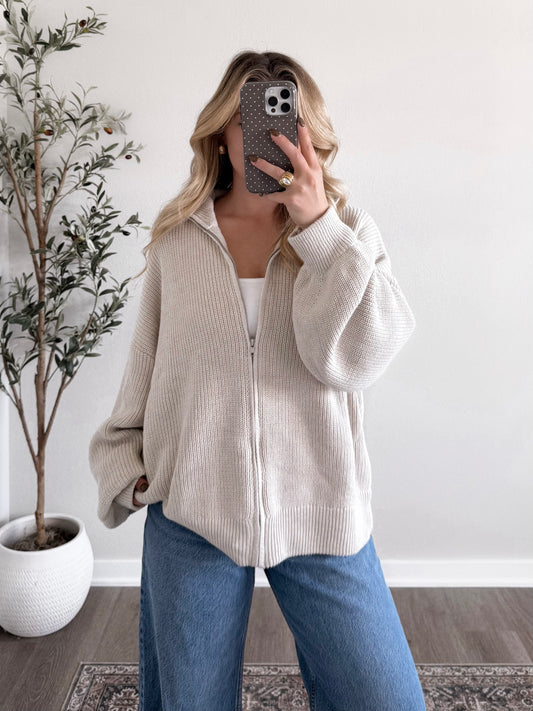 Coffehouse Zip Cardigan / Taupe