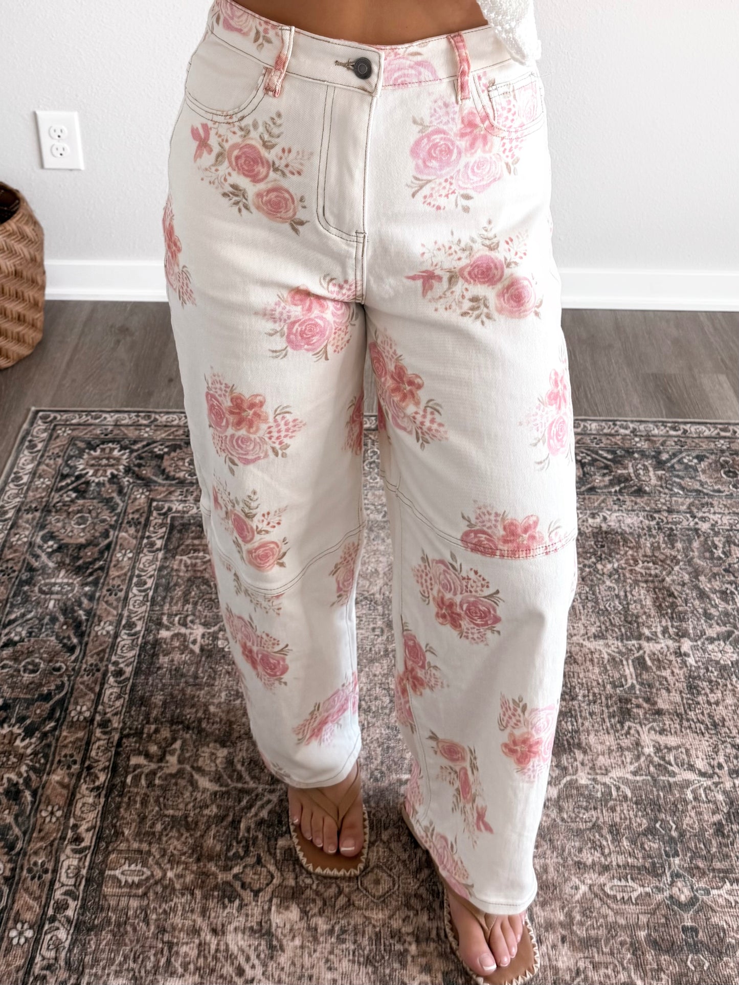 Summer Rosé Floral Barrel Jean