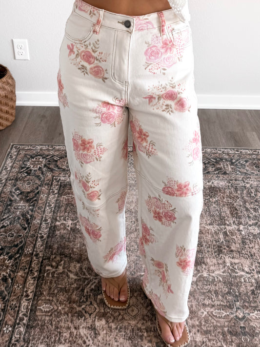 Summer Rosé Floral Barrel Jean