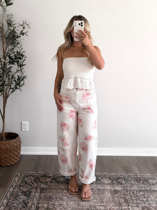 Summer Rosé Floral Barrel Jean