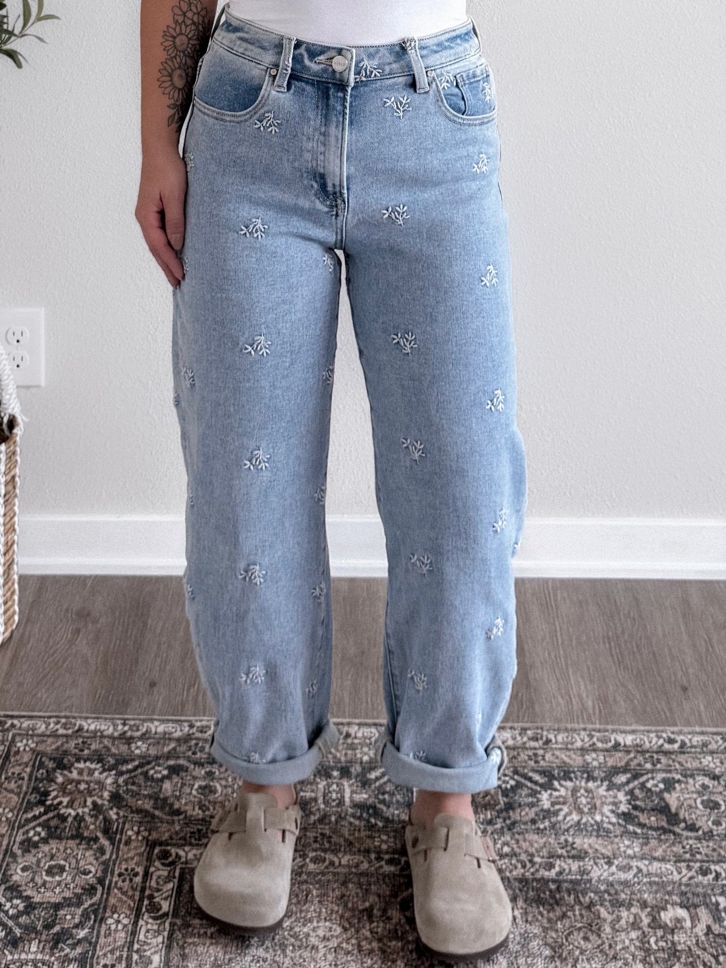Meadow High Rise Embroidered Barrel Jean