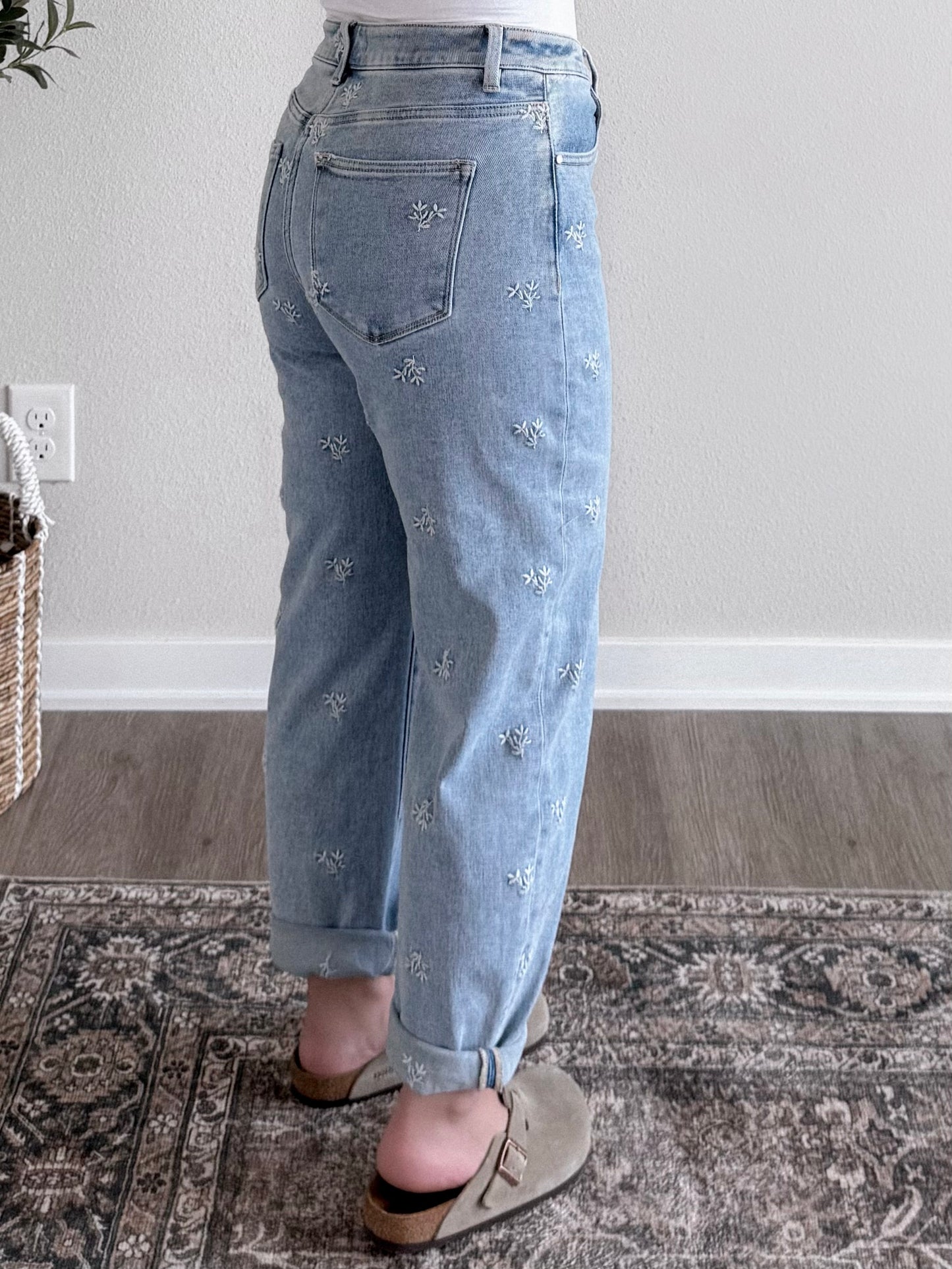 Meadow High Rise Embroidered Barrel Jean
