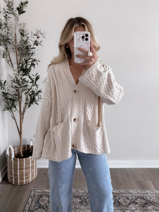 Birch Cable Knit Button Cardigan (Restocking Again Soon)