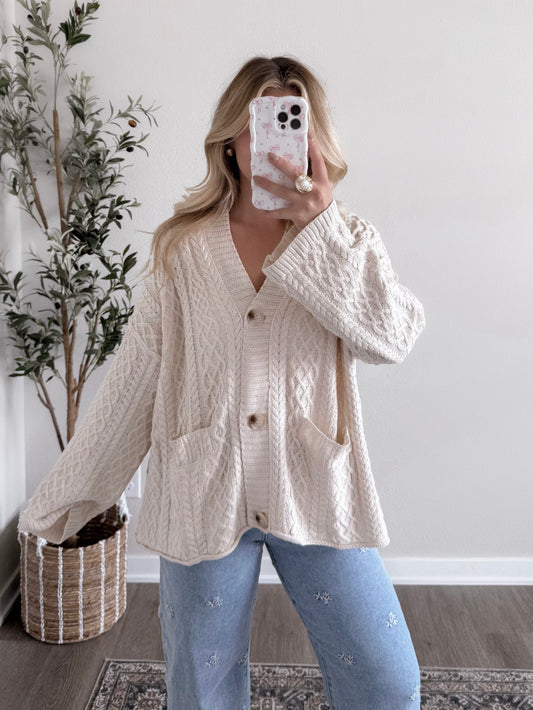 Birch Cable Knit Button Cardigan (Restocking Again Soon)