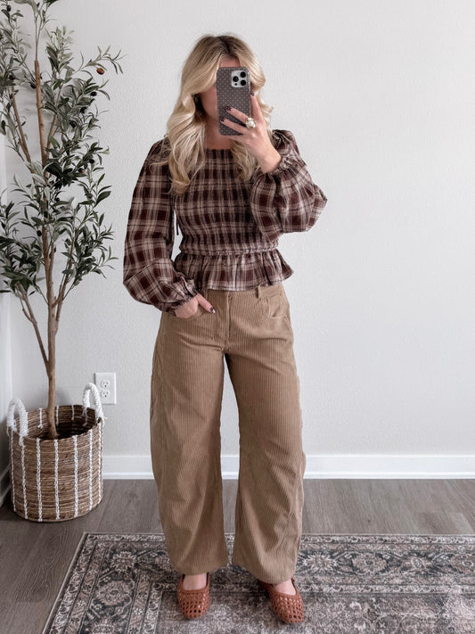 Leaves Falling Plaid Smocked Top (Restocking Soon)