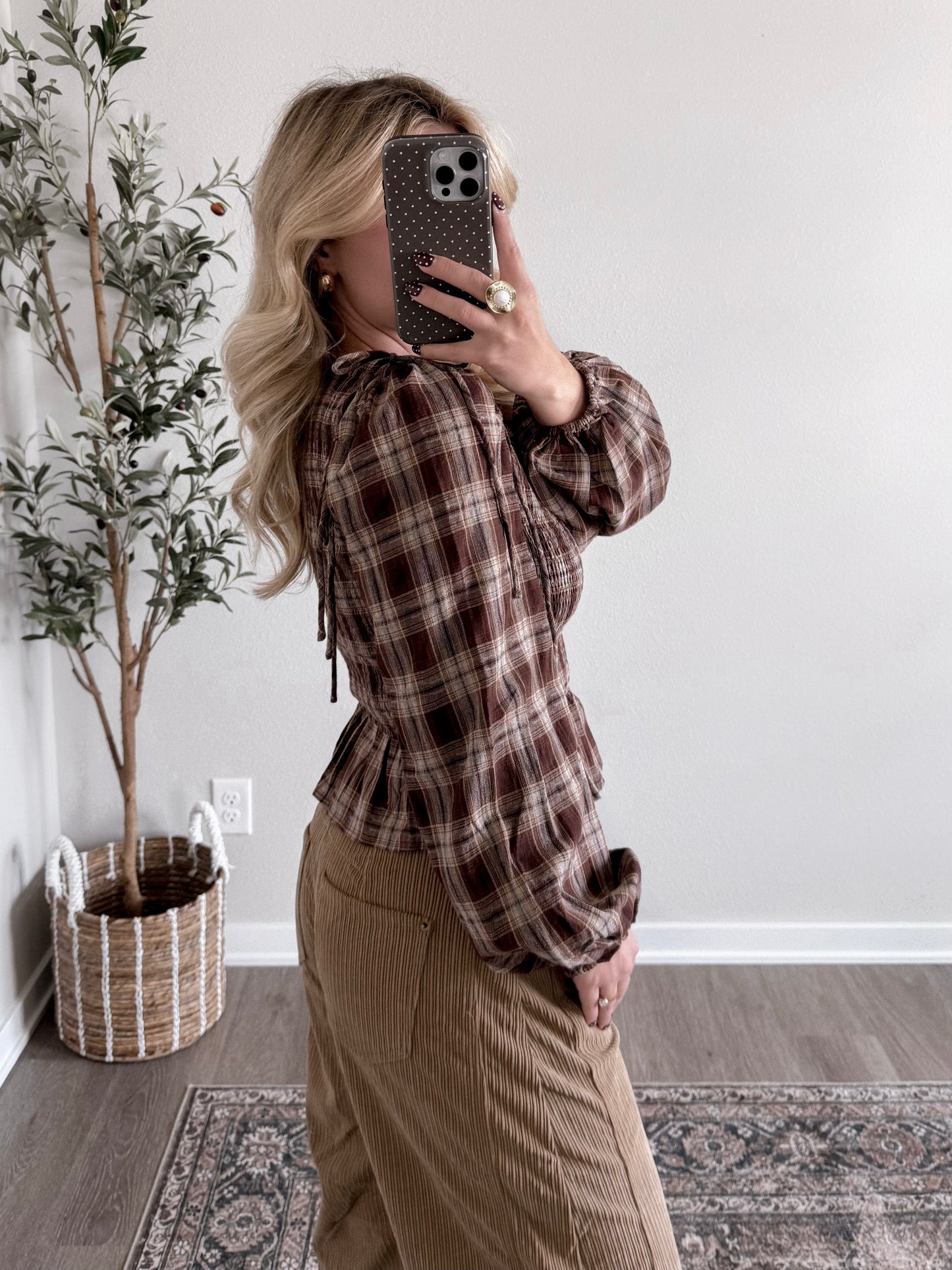Leaves Falling Plaid Smocked Top (Restocking Soon)