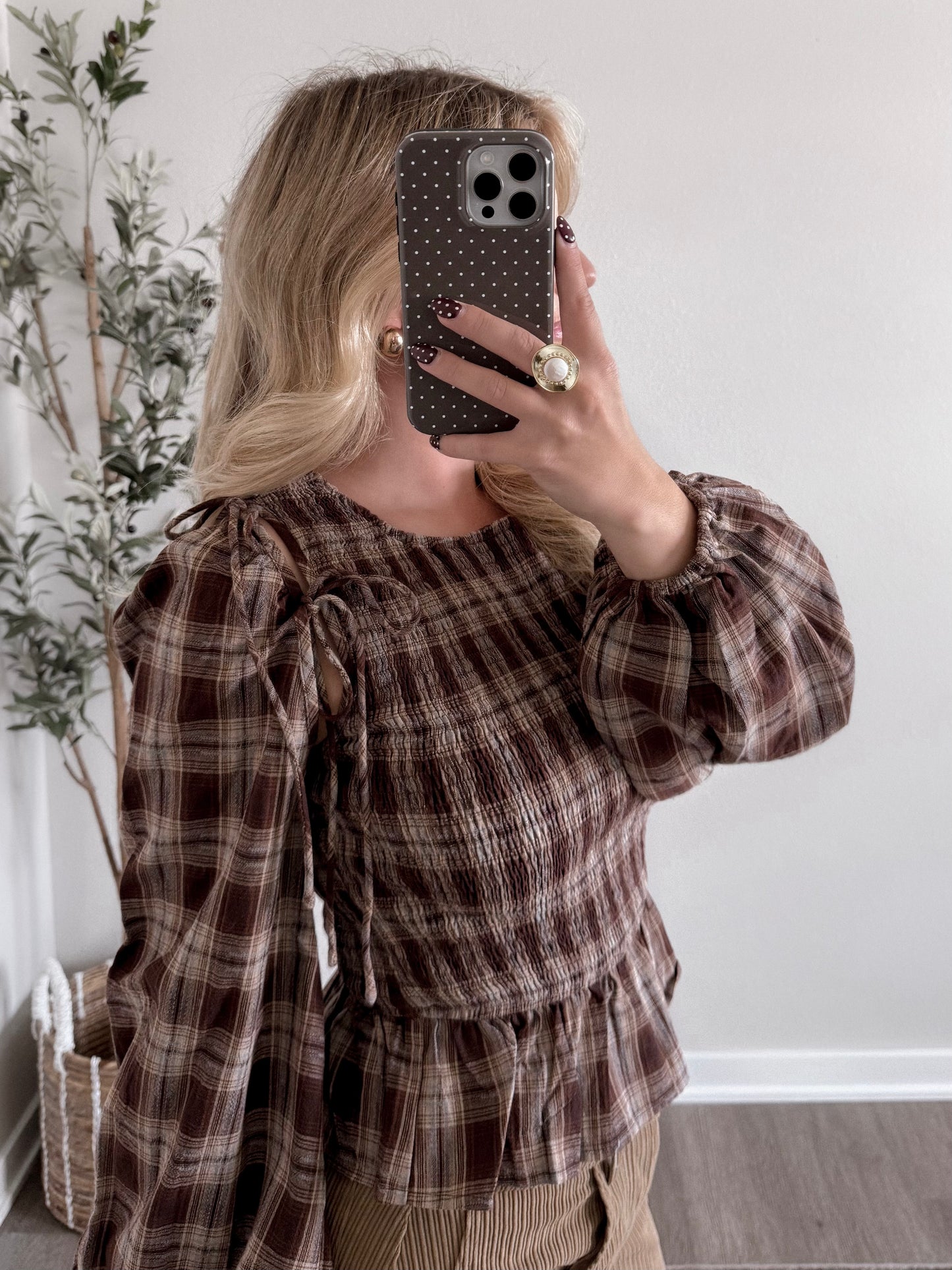 Leaves Falling Plaid Smocked Top (Restocking Soon)