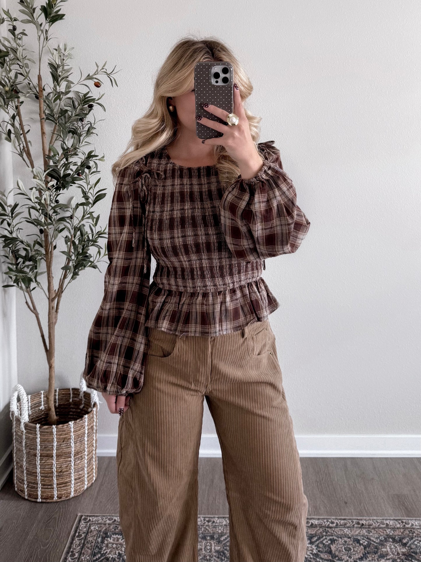 Leaves Falling Plaid Smocked Top (Restocking Soon)