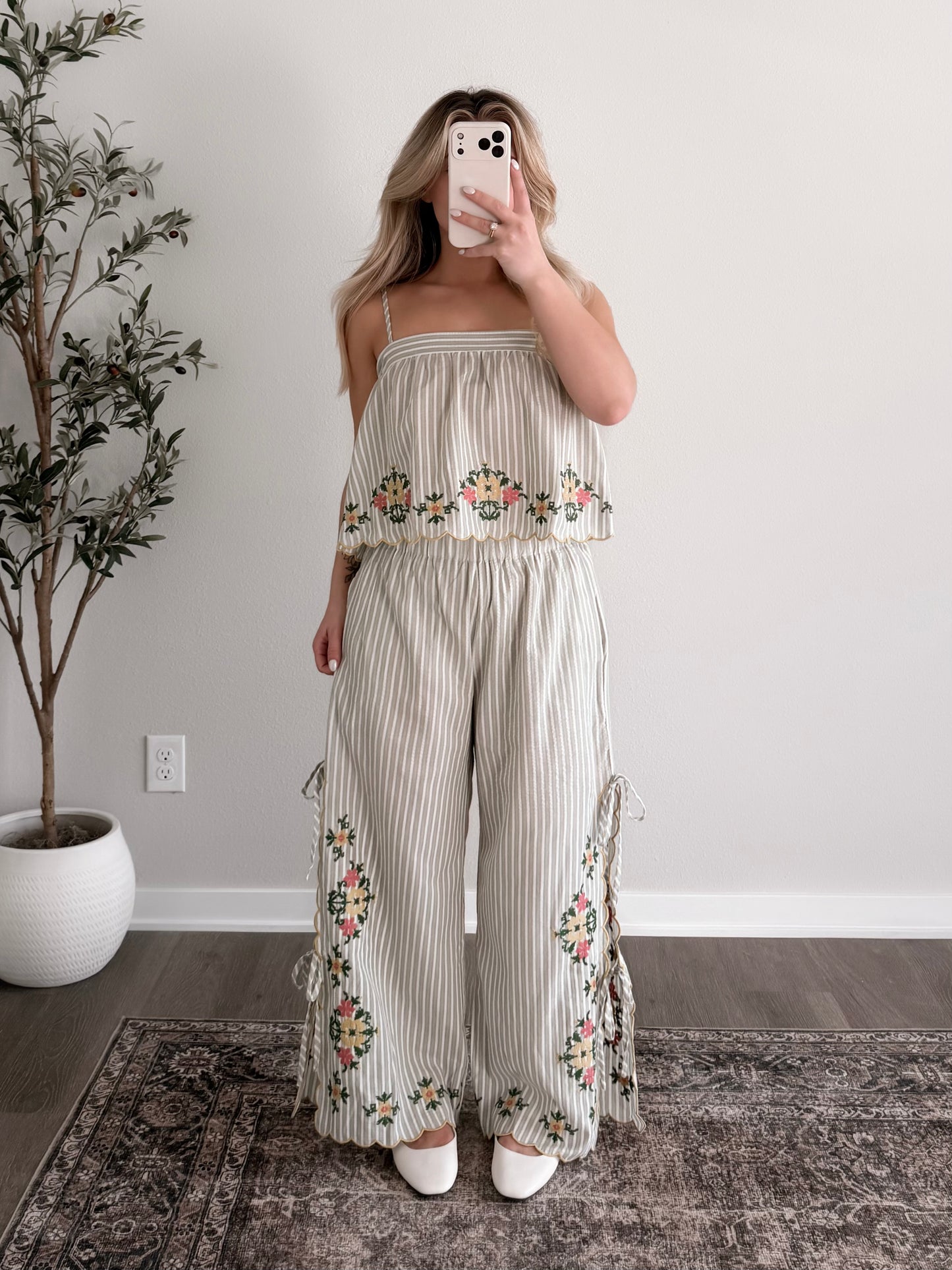 Spring Bloom Embroidered Pant Set