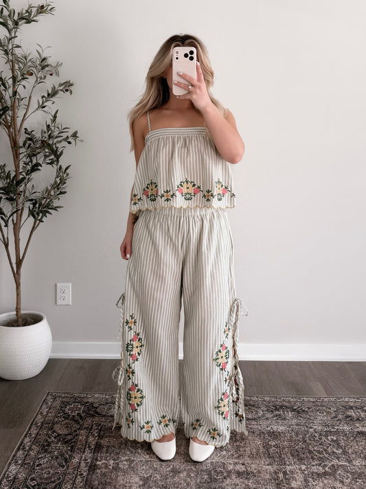 Spring Bloom Embroidered Pant Set