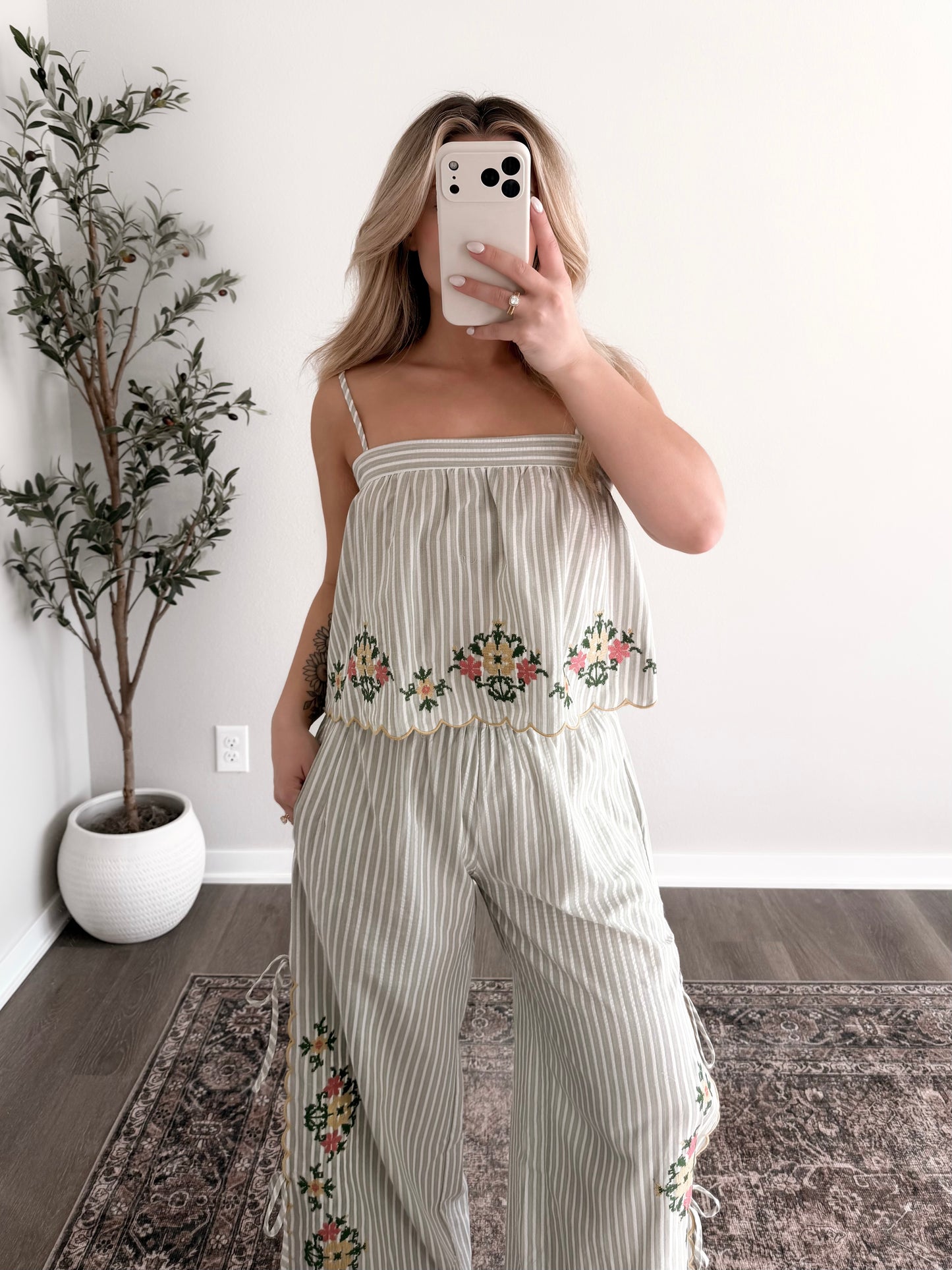 Spring Bloom Embroidered Pant Set