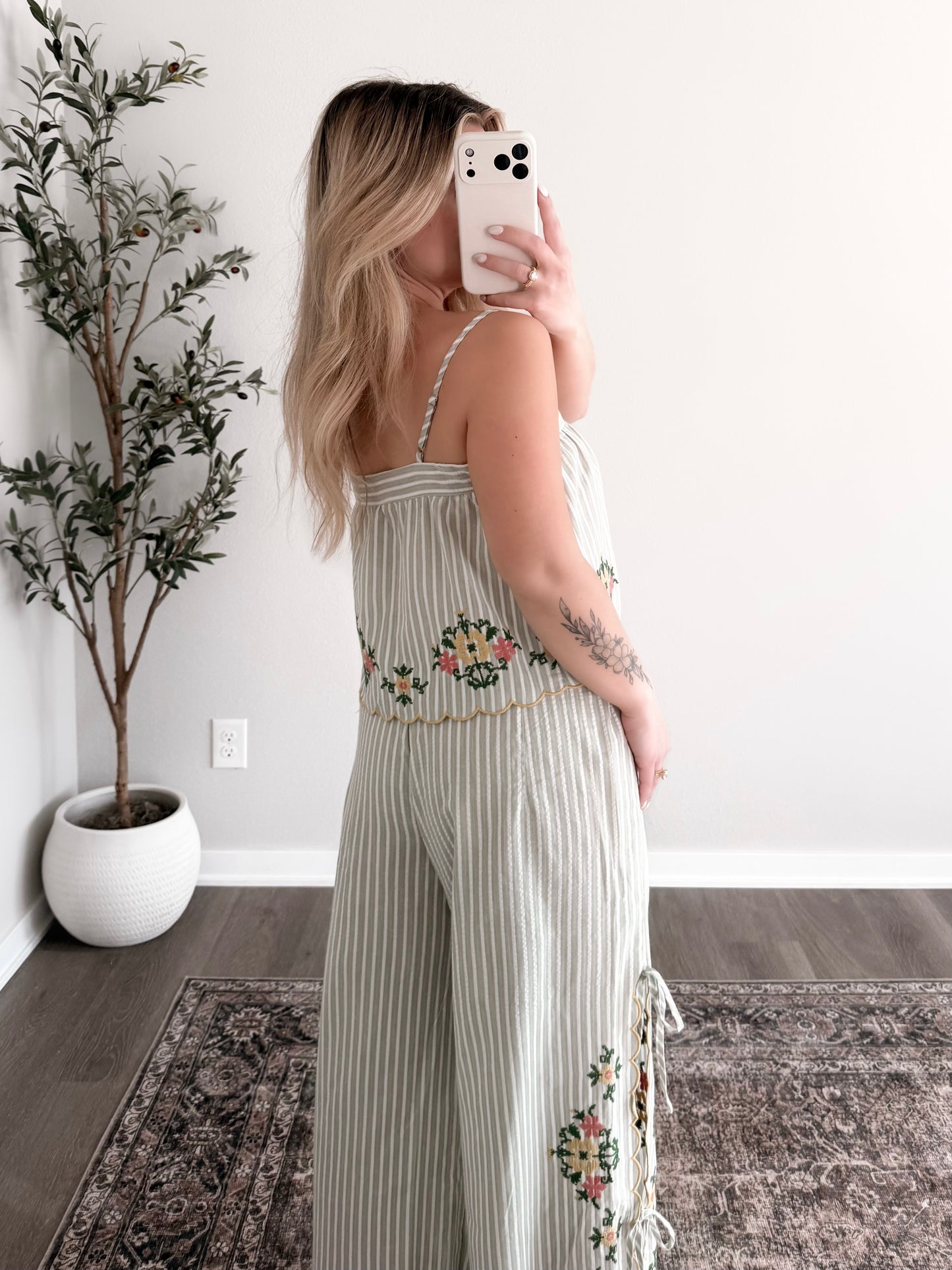 Spring Bloom Embroidered Pant Set
