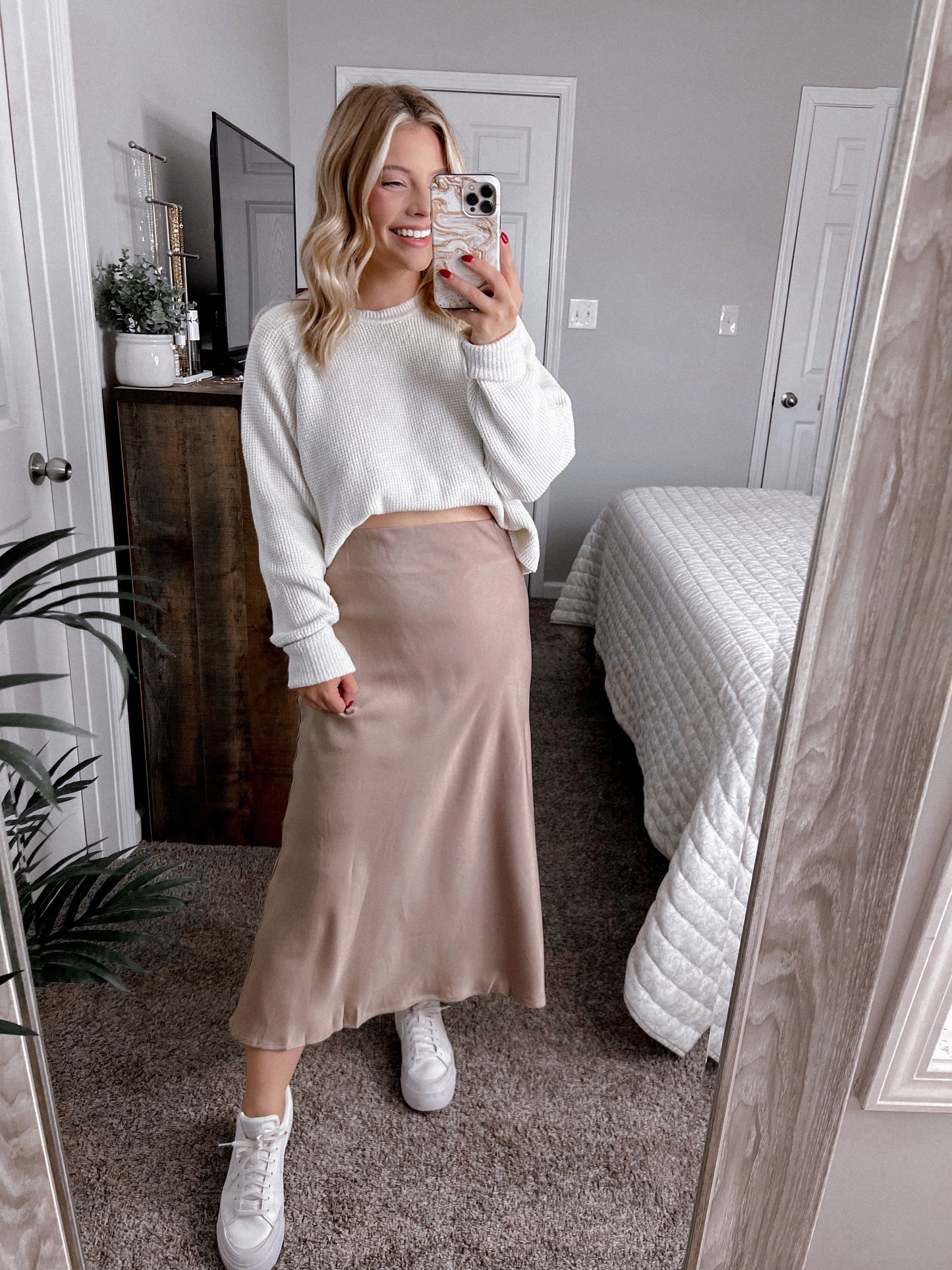 Sweet And Chic Satin Midi Skirt Final Sale