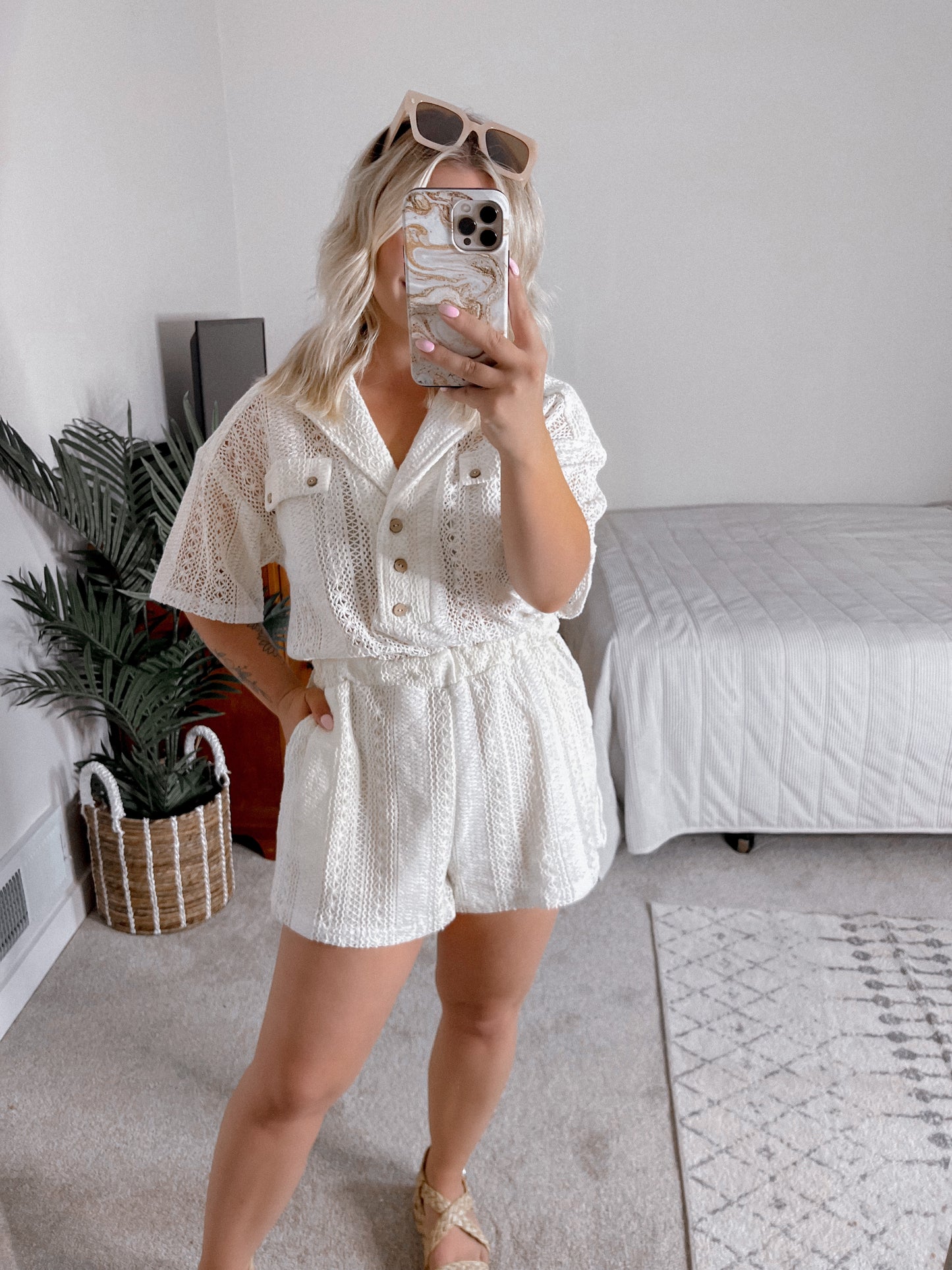 Lacee Crochet Button Down Romper Final Sale s