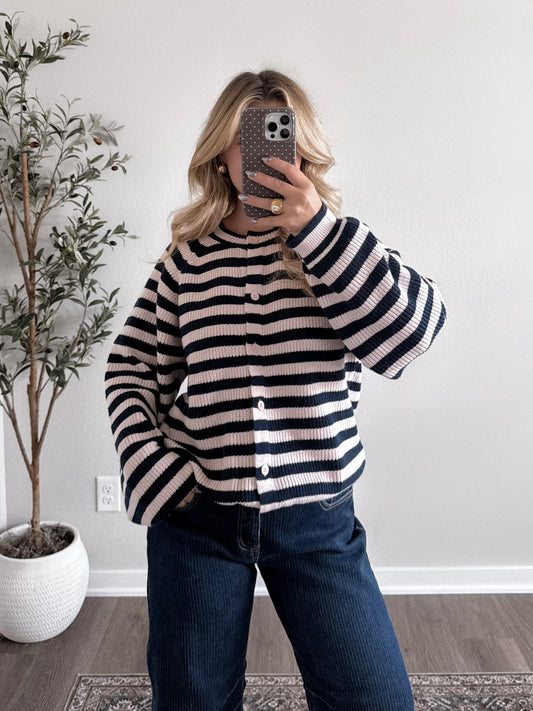Juniper Button Down Striped Sweater / Blush-Navy