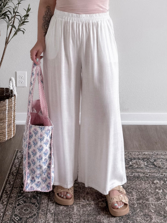 Elle Linen Wide Leg Pant / White