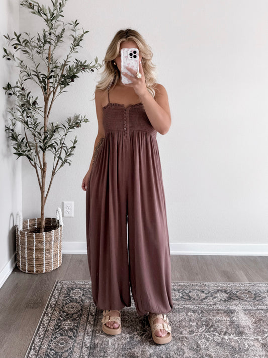 Espresso Boho Smocked Jumpsuit (Restocking Mid September)