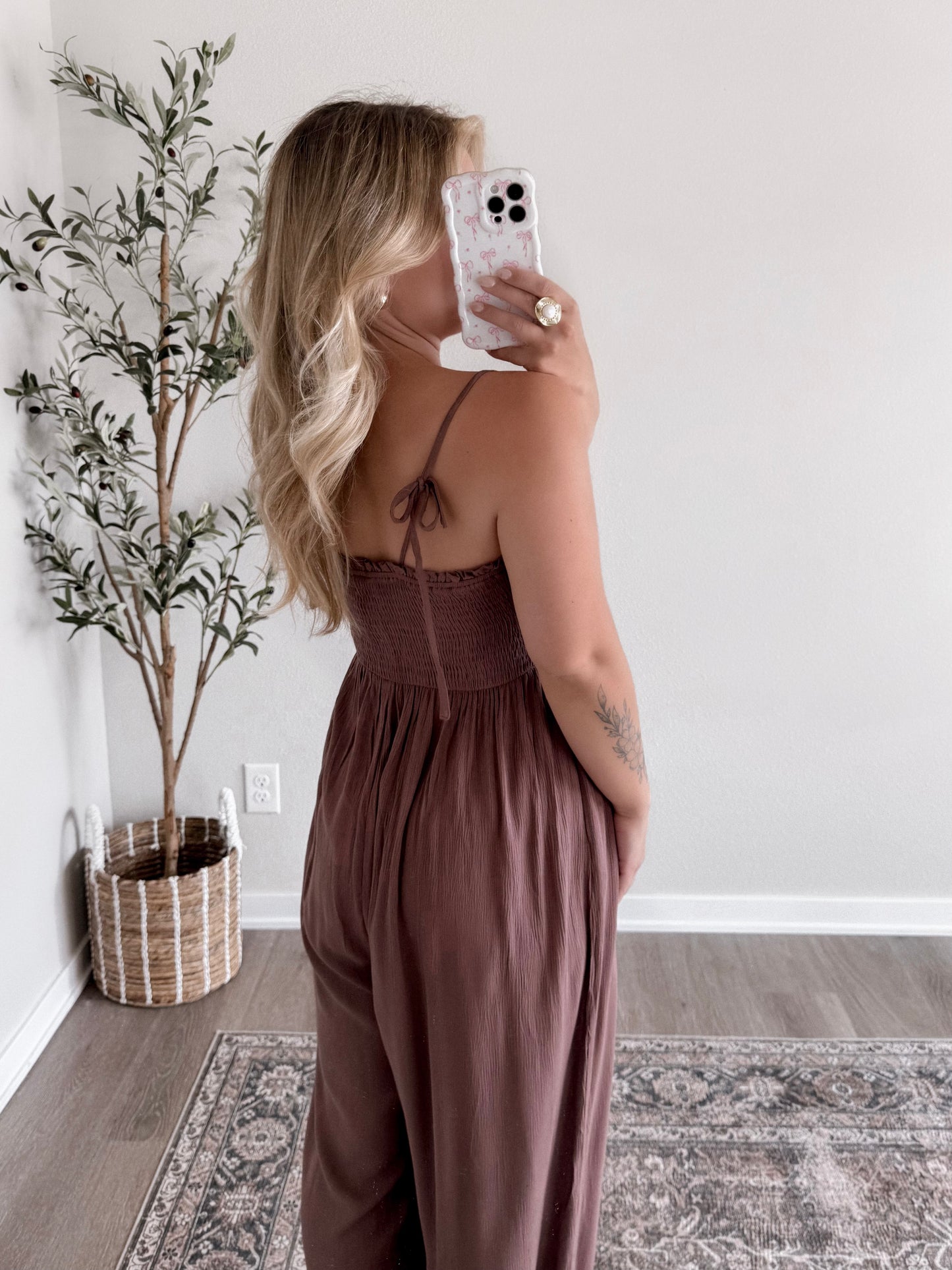 Espresso Boho Smocked Jumpsuit (Restocking Mid September)