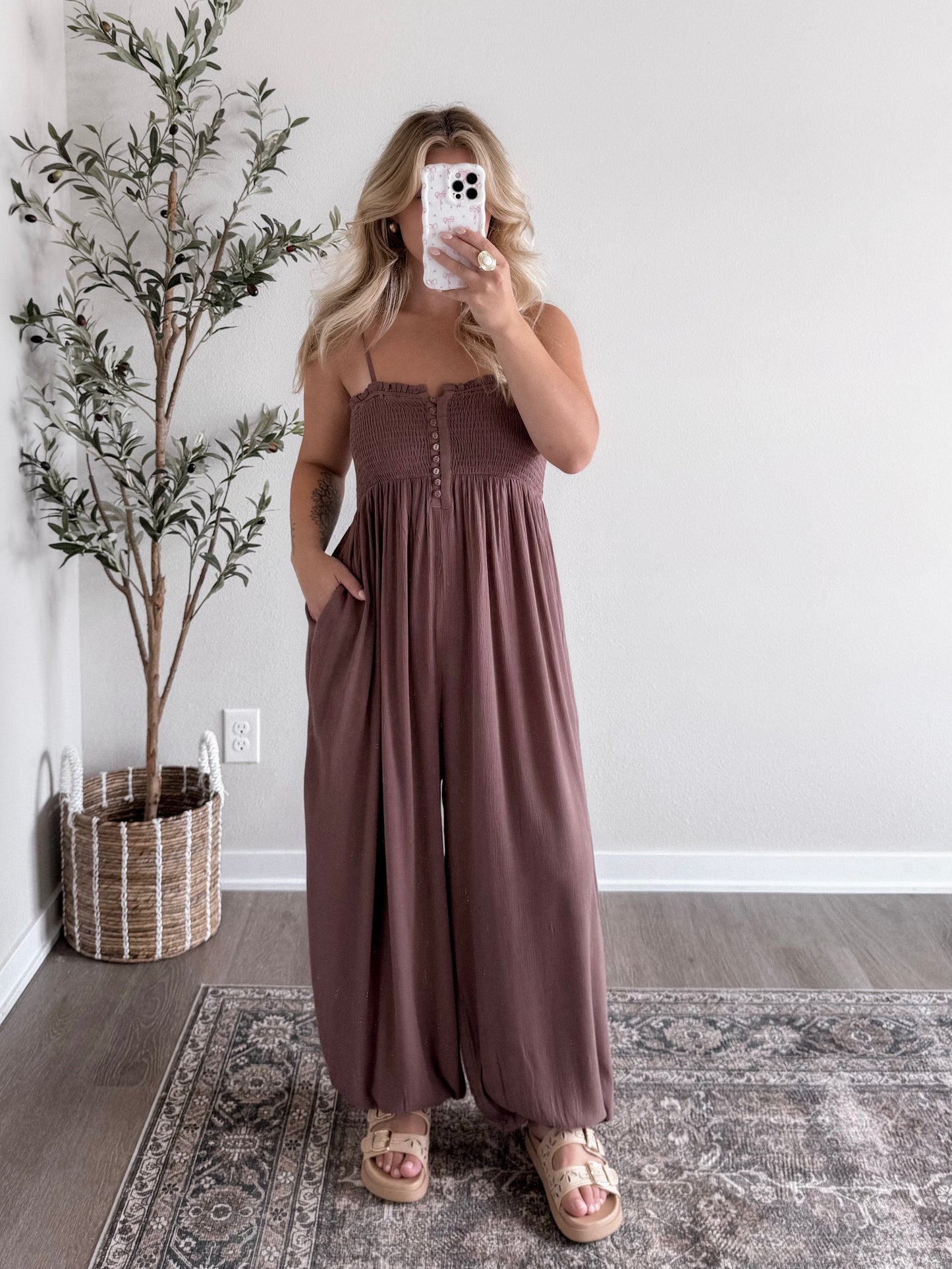Espresso Boho Smocked Jumpsuit (Restocking Mid September)