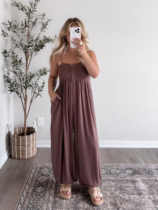 Espresso Boho Smocked Jumpsuit (Restocking Mid September)