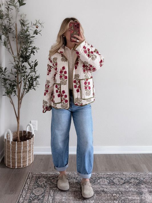Crimson Veil Floral Quilted Jacket