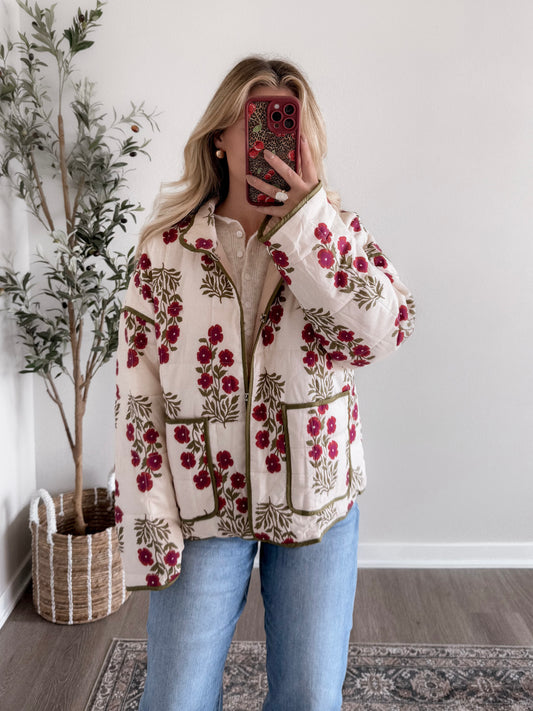 Crimson Veil Floral Quilted Jacket