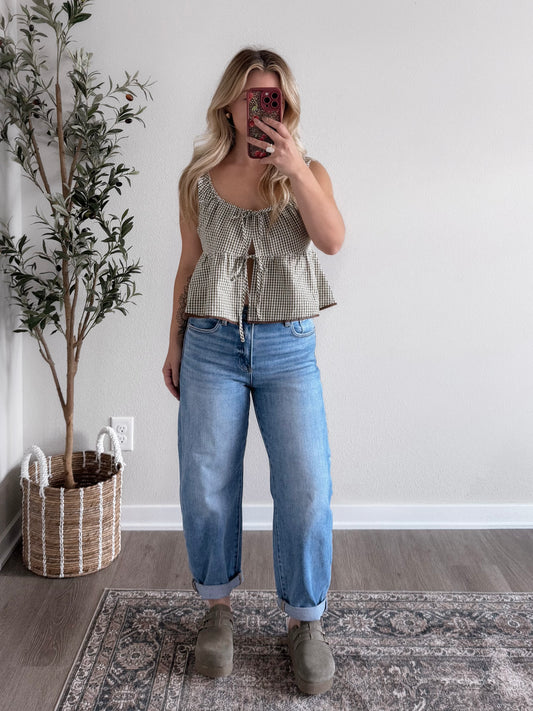 Fern Gingham Babydoll Top / Olive