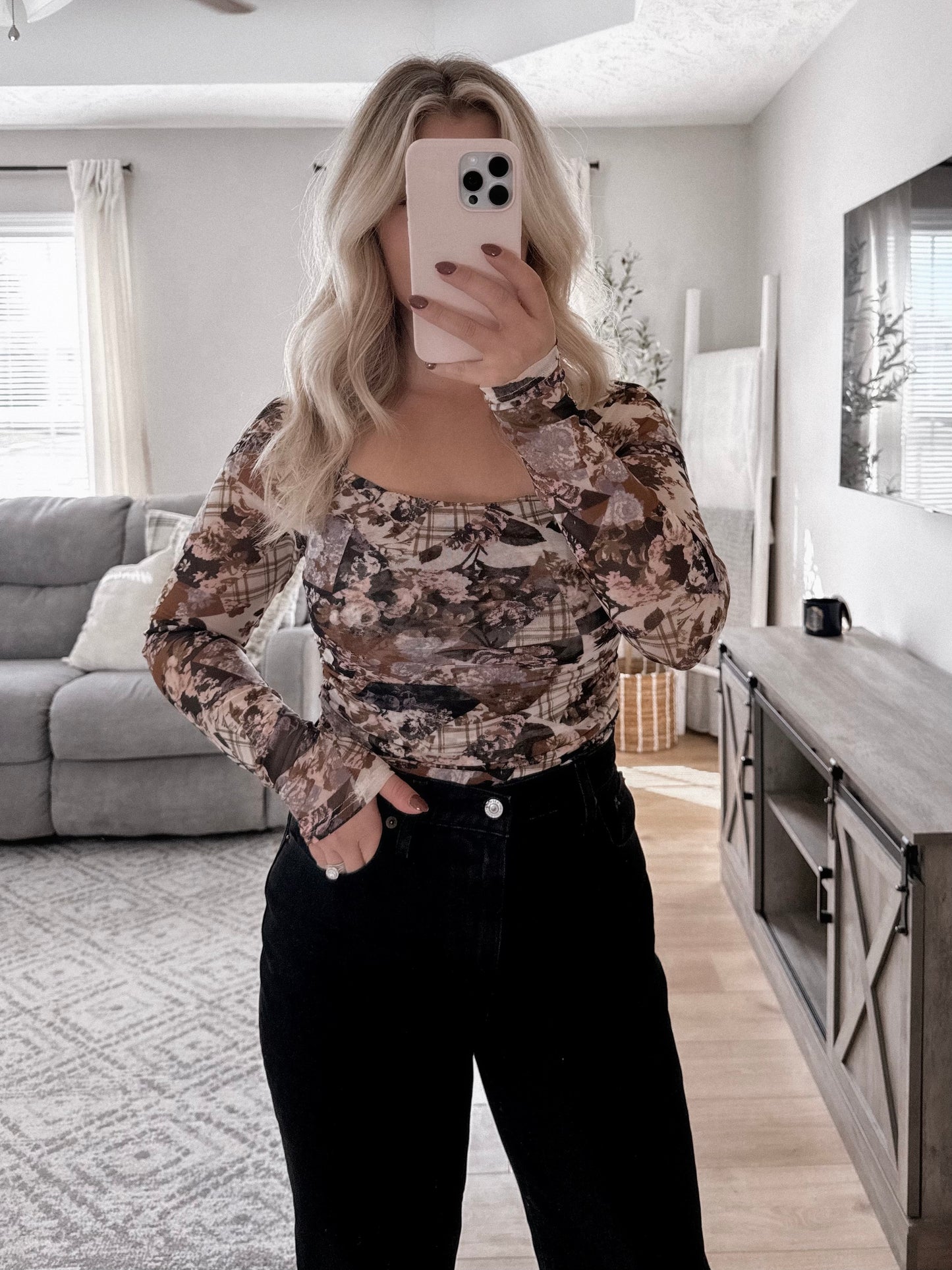 Floral Mesh Square Neck Top