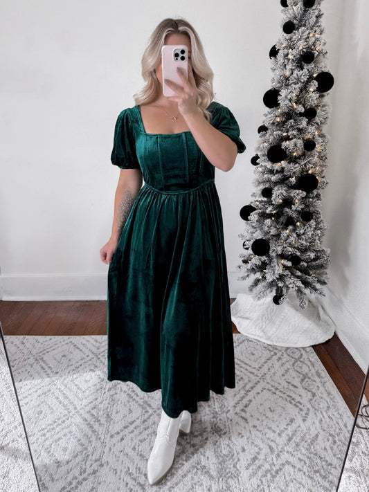 Mistletoe Velvet Corset Midi Dress