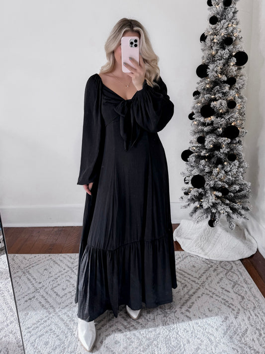 Holiday Satin Bow Maxi Dress / Black