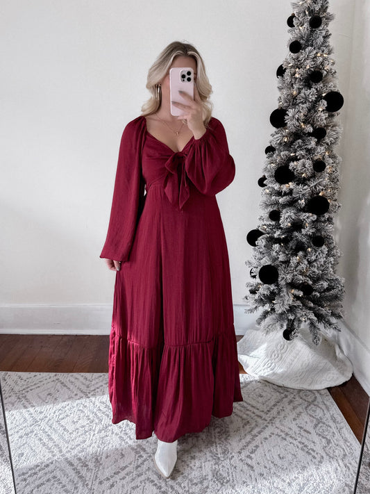 Holiday Satin Bow Maxi Dress / Cranberry