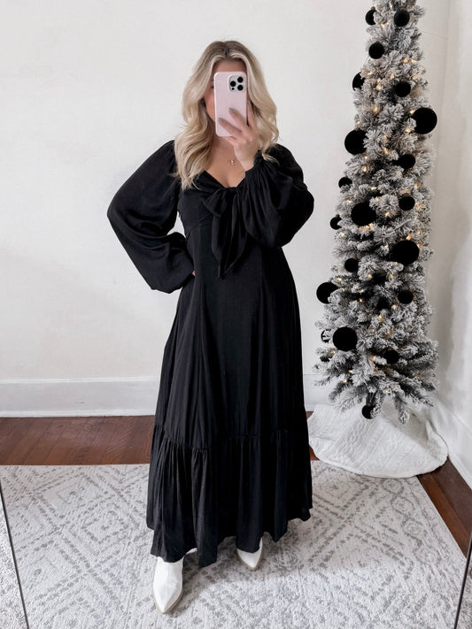 Holiday Satin Bow Maxi Dress / Black