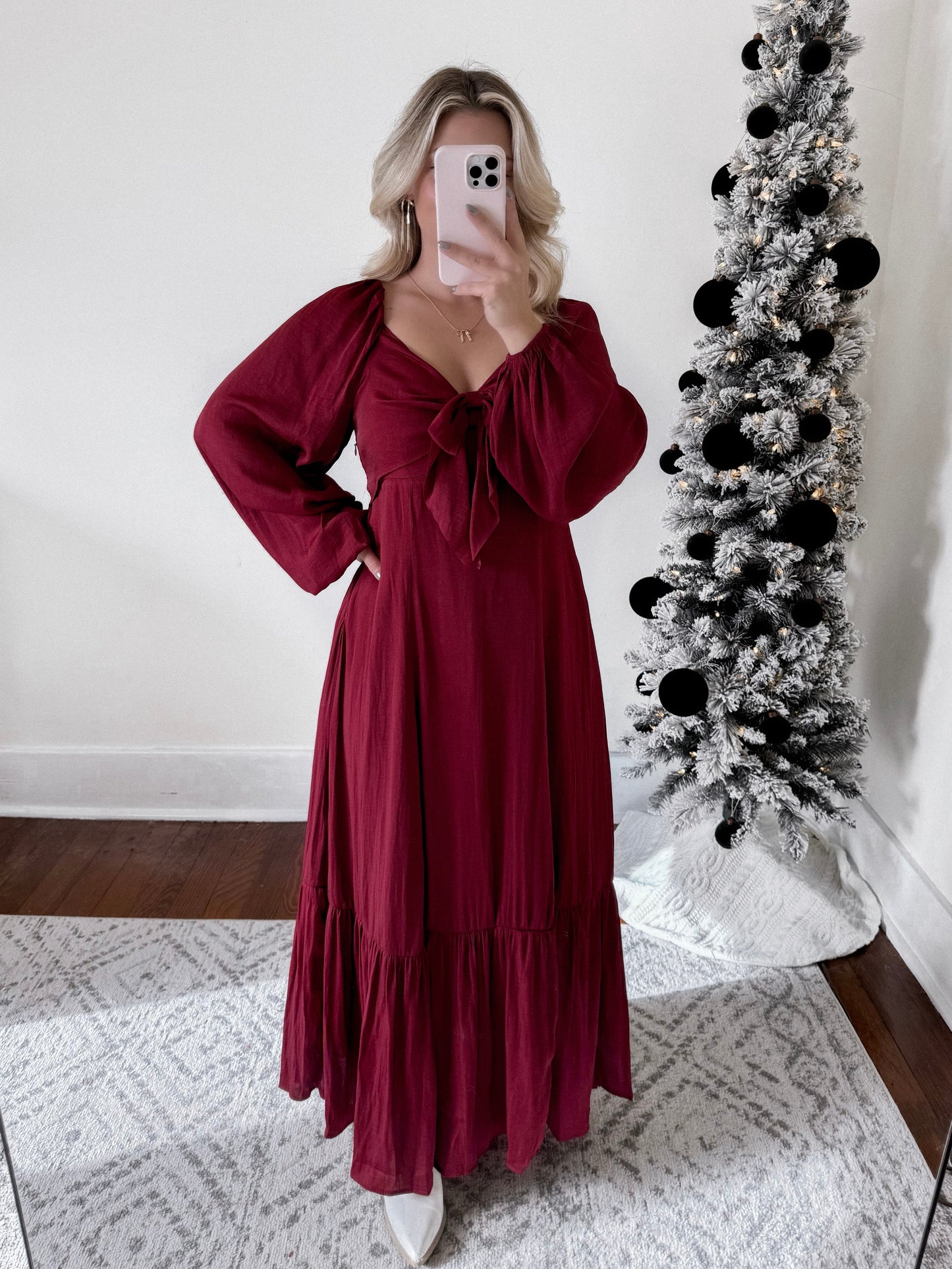 Holiday Satin Bow Maxi Dress / Cranberry