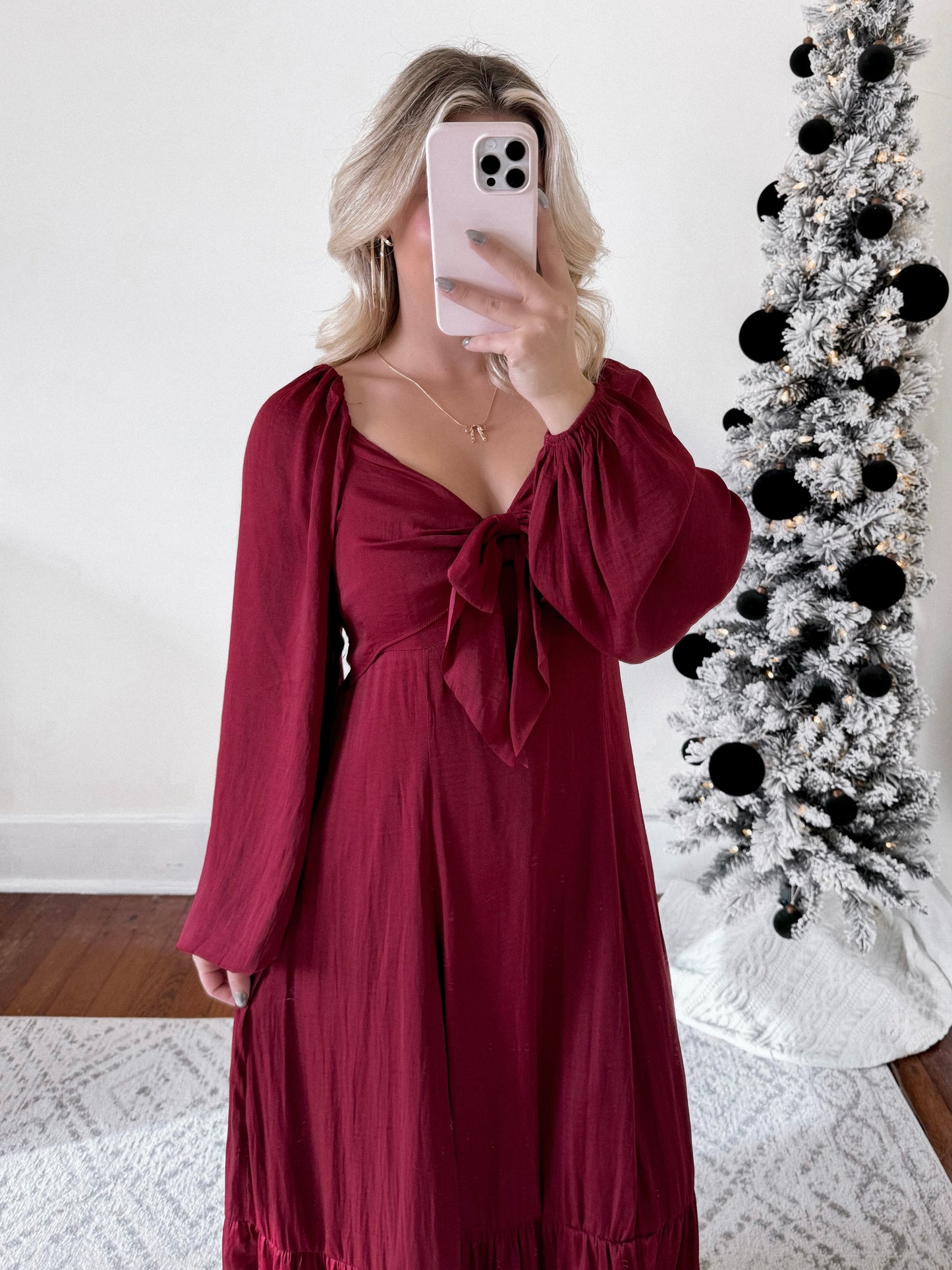 Holiday Satin Bow Maxi Dress / Cranberry